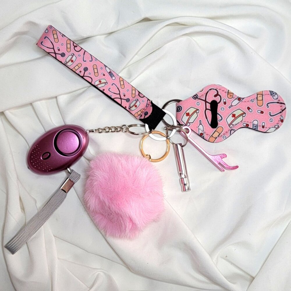 6 Piece Pink Nurse Safety Keychain Set, Alarm w/ Flashlight, Whistle, Can Opener